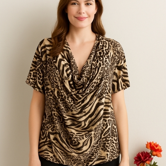 Addition Elle Tops - Addition Elle | Brown Tan Cowl Neck Plus Tunic Blouse